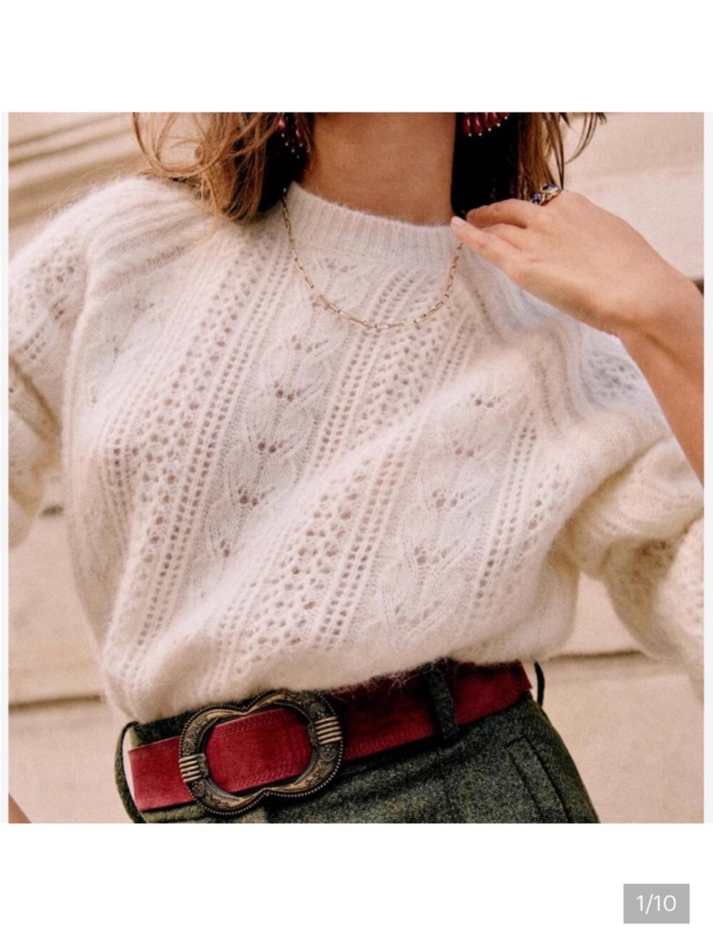 Sezane Scarlett Jumper Cream Cable-Knit Puff-Sleeve Sweater - Picture 3 of 7